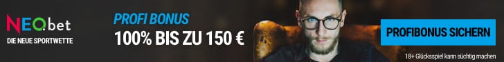 Sichere dir jetzt deinen Bonus bei Neobet - bei einem der seriösesten Buchmachern in Deutschland. Auf dem Bild: Banner mit Wettbonus von bis zu 150€.